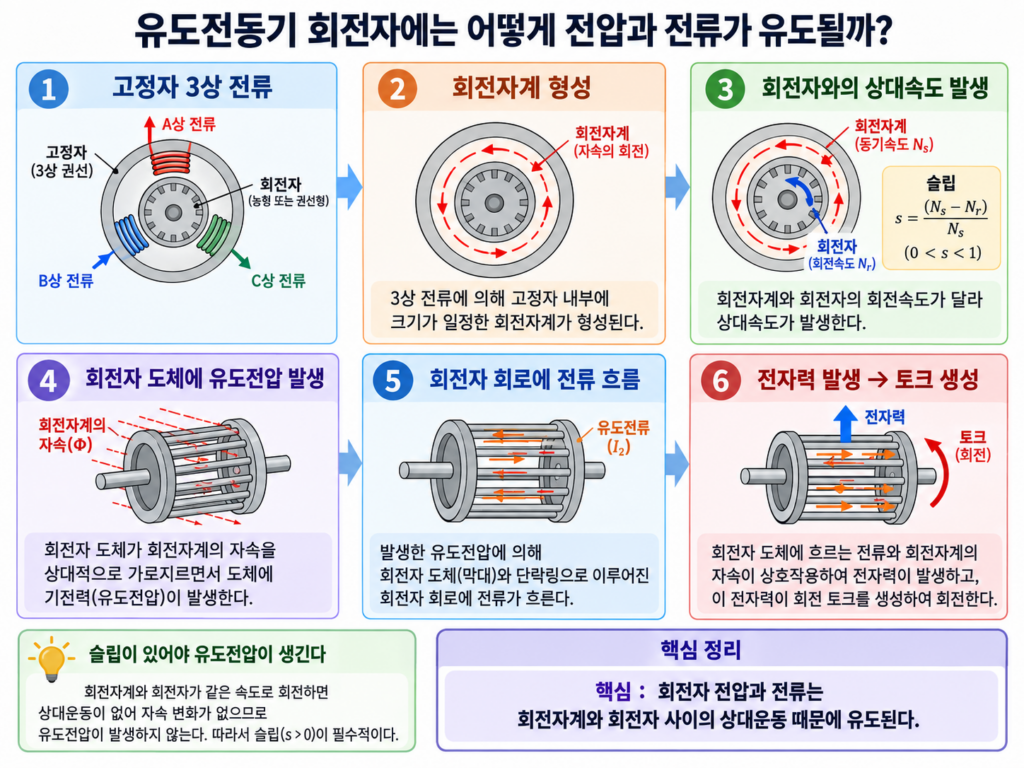 유도전동기 회전자에 전압과 전류가 유도되어 토크가 발생하는 과정