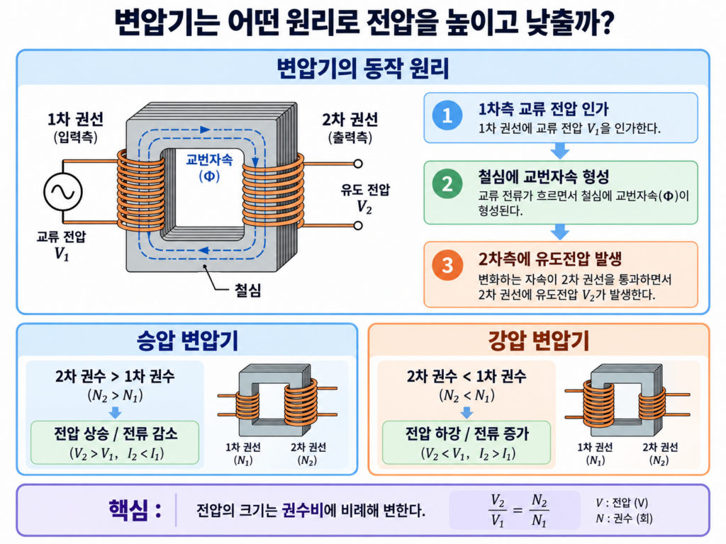 변압기는 어떤 원리로 전압을 높이고 낮출까? 권수비와 전자기 유도 원리 1 변압기의 전자기 유도와 권수비에 따른 승압 강압 원리