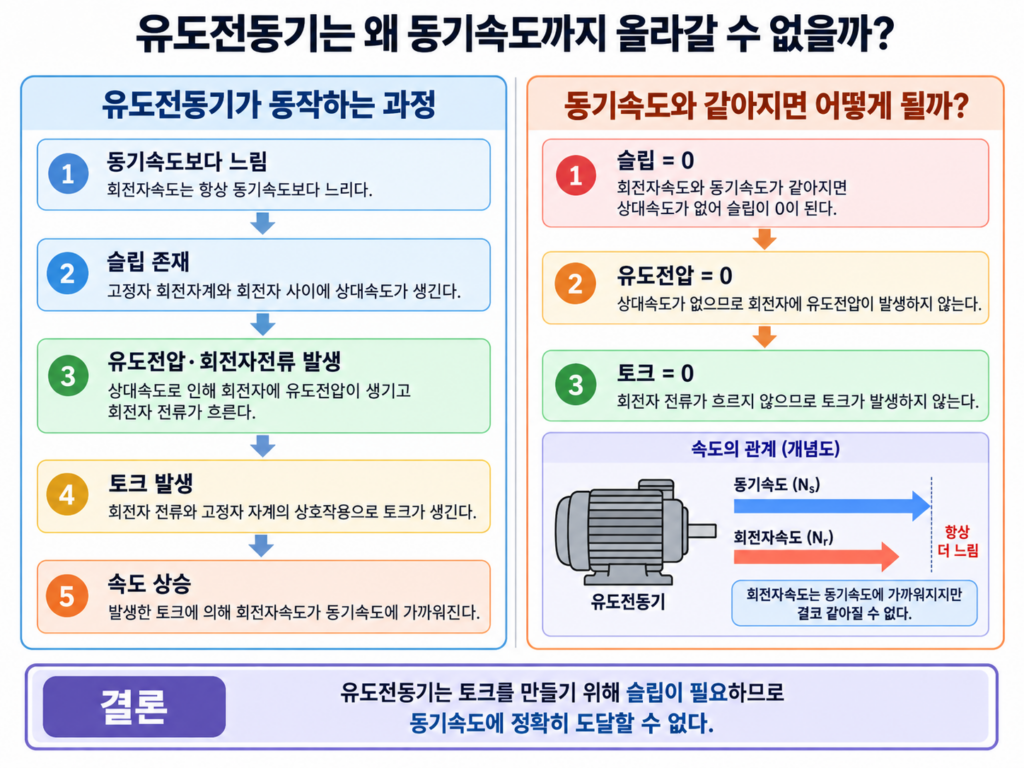 유도전동기는 왜 동기속도까지 올라갈 수 없을까? 1 유도전동기가 동기속도에 도달할 수 없는 이유와 슬립 관계