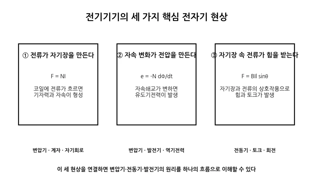 전동기·발전기·변압기의 기본 원리 비교
