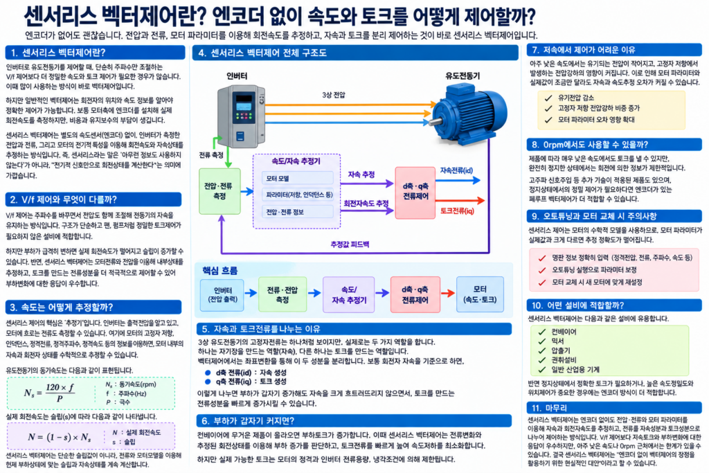 센서리스 벡터제어에서 전압과 전류로 속도와 자속을 추정하고 d축 q축 전류를 제어하는 과정