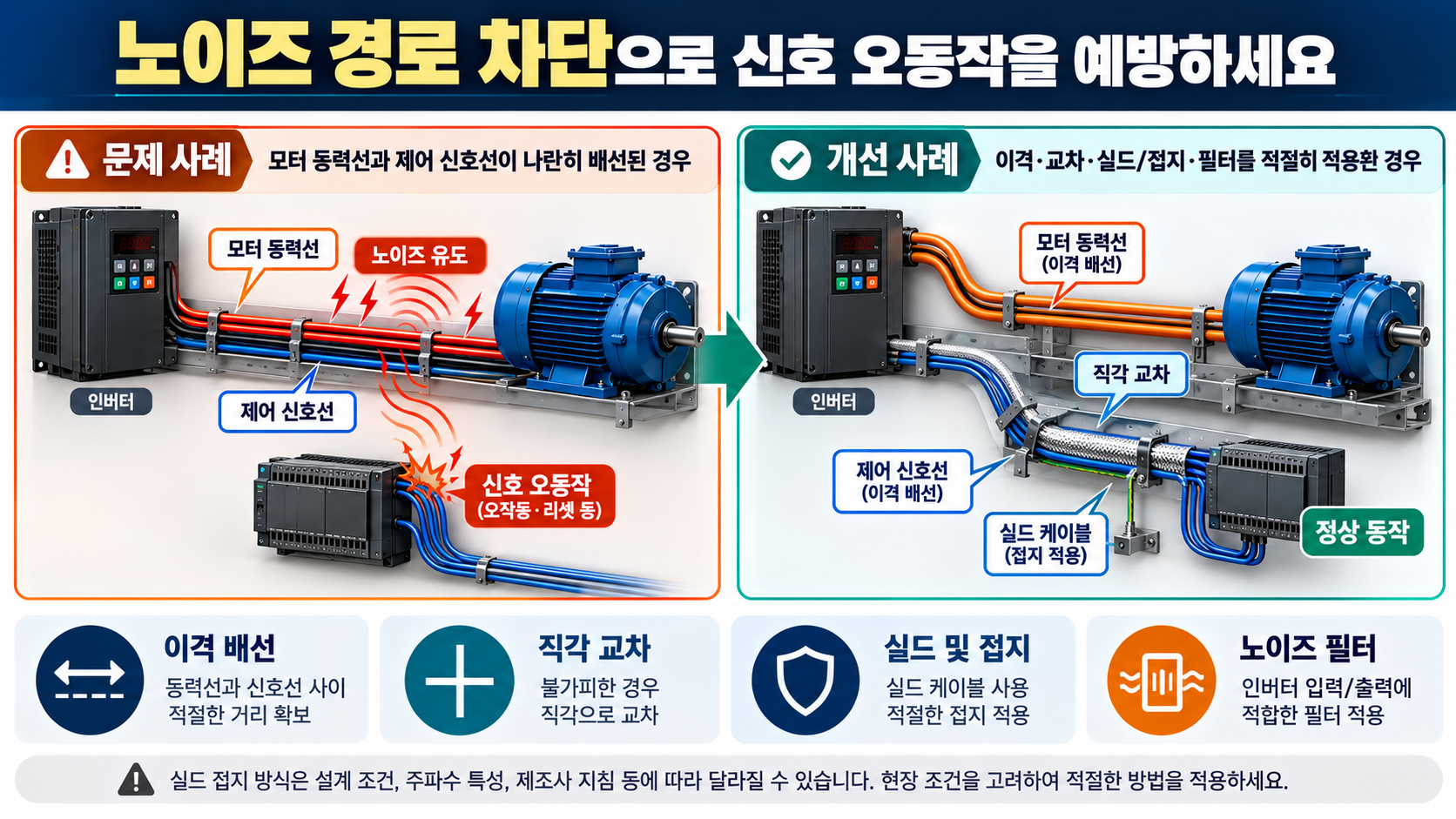동력선과 신호선을 이격하고 실드·접지를 적용한 배선 비교