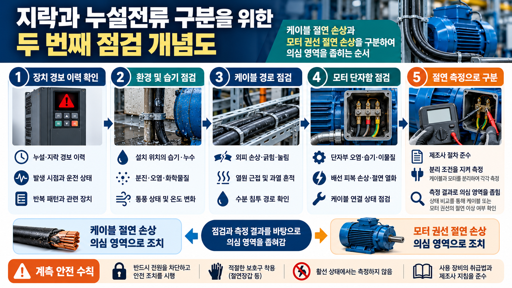 인버터 지락과 누설전류는 왜 발생할까? 모터·케이블 점검방법 2 지락 경보 이력부터 케이블·모터 절연 상태까지 확인하는 순서
