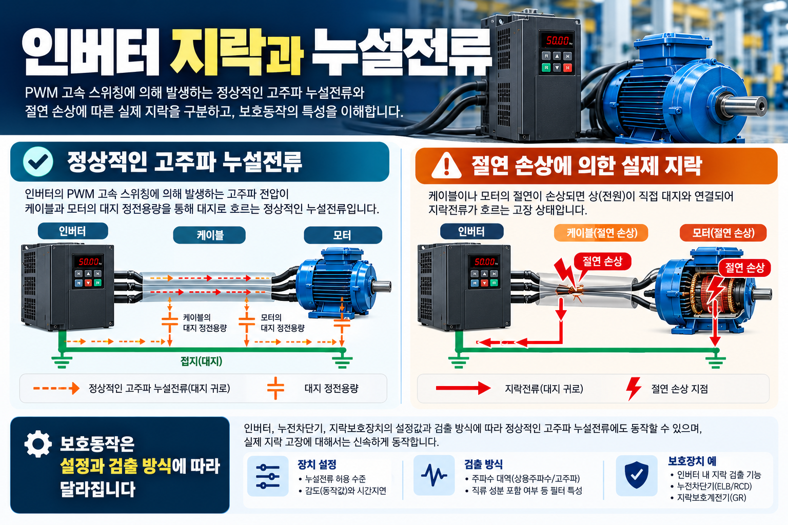 인버터 지락과 누설전류는 왜 발생할까? 모터·케이블 점검방법 1 케이블 정전용량을 통한 누설전류와 절연 손상에 따른 지락의 경로 비교