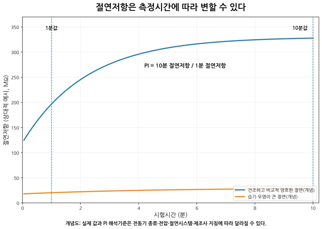 전동기 절연저항은 왜 측정할까? 메거로 확인하는 권선 절연상태 2 절연저항 시간변화·PI 그림
