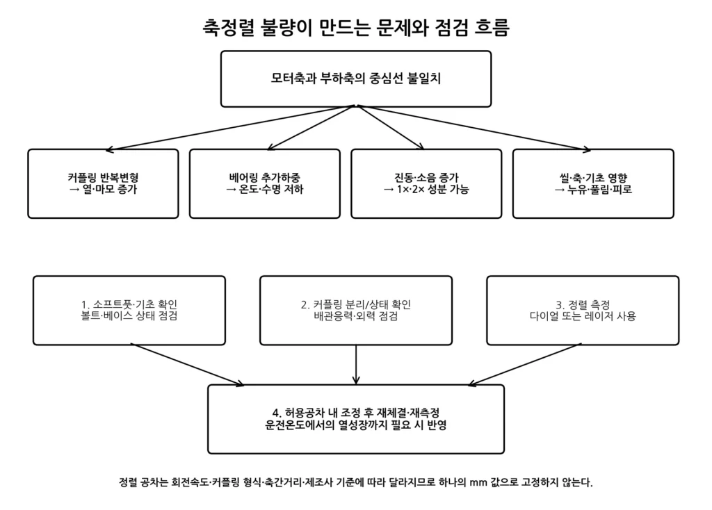 모터와 부하의 축정렬 불량은 어떤 문제를 만들까? 2 축정렬 불량 영향·점검 흐름 그림