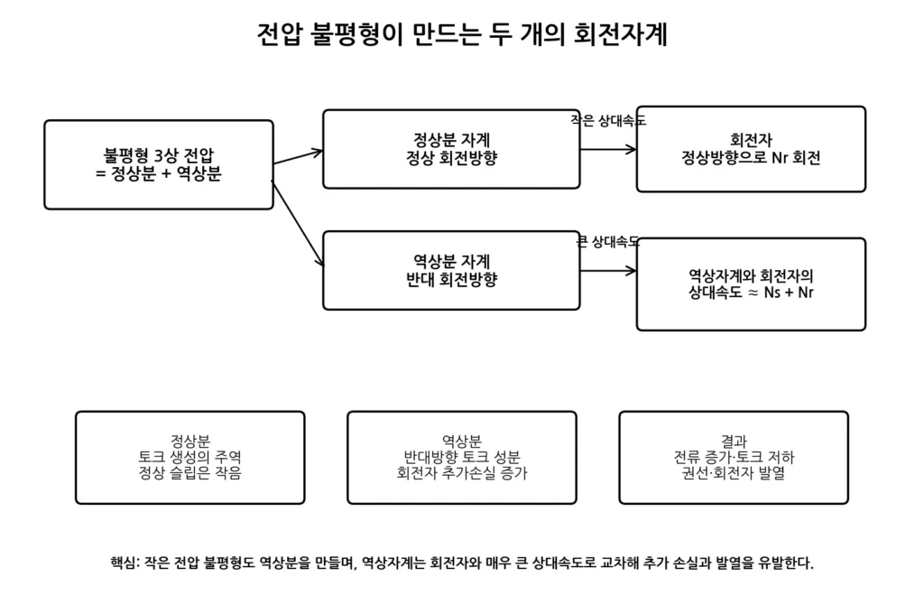 전압 불평형은 왜 전동기를 과열시킬까? 1 정상분·역상분 회전자계 그림