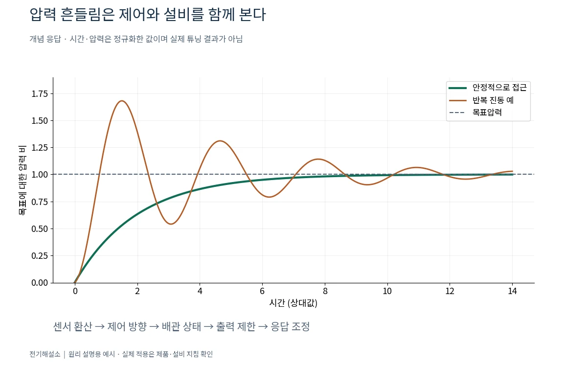 인버터 PID 제어는 펌프 압력을 어떻게 일정하게 유지할까? 2 압력 목표값에 안정적으로 접근하는 응답과 반복 진동하는 헌팅 응답의 개념 비교