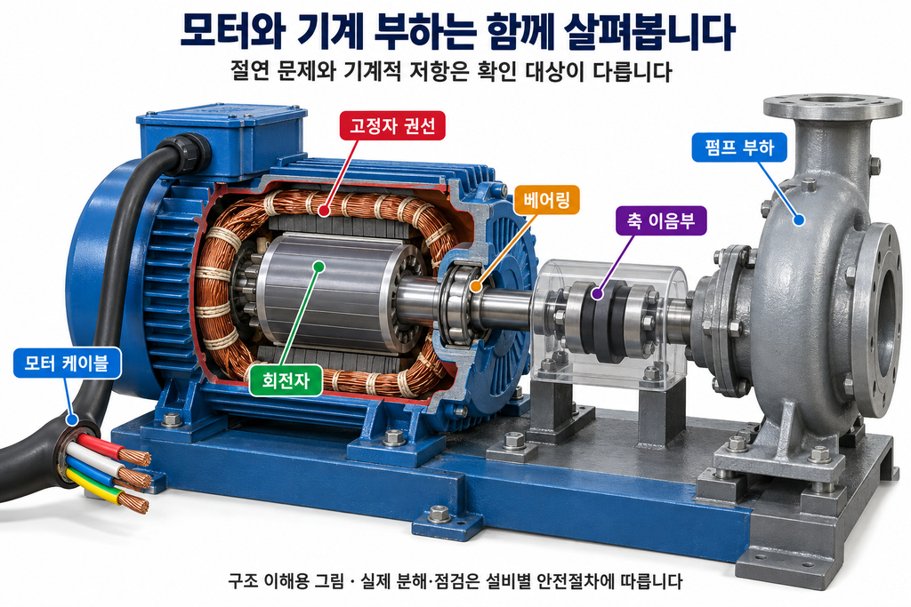 모터 케이블, 고정자 권선, 회전자, 베어링, 축 이음부와 펌프 부하의 연결 구조
