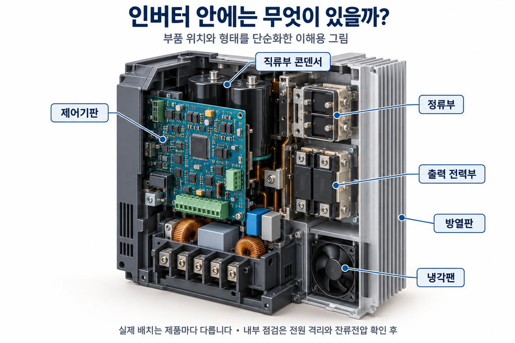 인버터 내부의 제어기판, 직류부 콘덴서, 정류부, 출력 전력부, 방열판과 냉각팬의 구조
